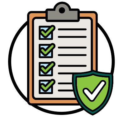 A checklist next to a safety icon. 