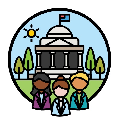 3 people in front of a government building. 