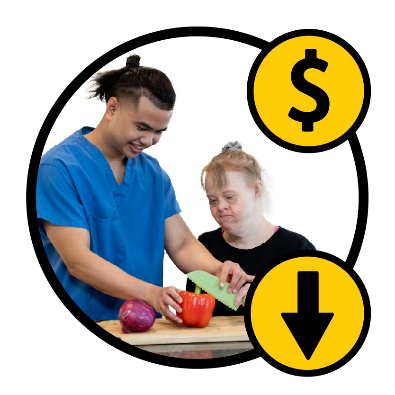 A person supporting a participant in the kitchen. A dollar sign is above them and an arrow pointing down is below them.
