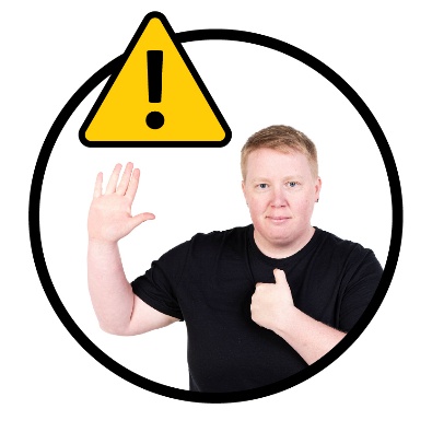 A person raising their hand and pointing to themself. A problem icon is above them.