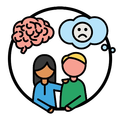 Someone supporting a participant. A brain and a sad face inside a thought bubble are above them.