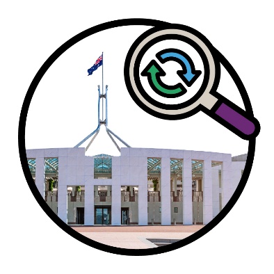 Parliament House next to a change icon inside a magnifying glass.