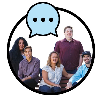 A group of people with a speech bubble above them.