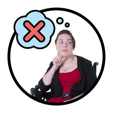 A participant thinking. A cross inside a thought bubble is next to them.