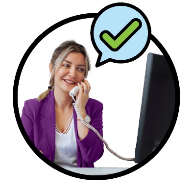 An NDIA worker on the phone. A tick inside a speech bubble is next to them.