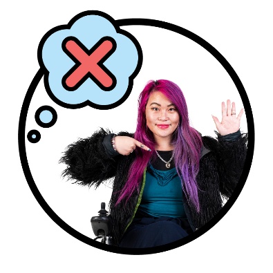 A participant pointing to themself and raising their hand. A cross inside a thought bubble is next to them.