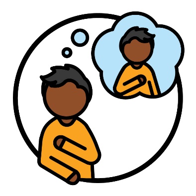 A person pointing to themself. An image of themself is in a thought bubble above them.