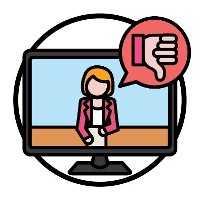 A news report on a television. A thumbs down is in a speech bubble above it.