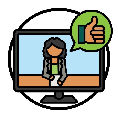 A news report on a television. A thumbs up is in a speech bubble above it.