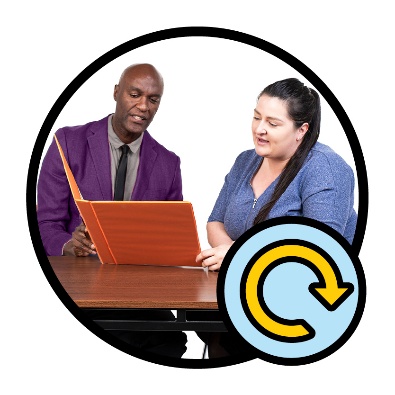 2 people looking at a document. An update icon is below them.