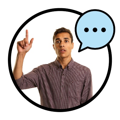 A person raising their hand. A speech bubble is next to them.
