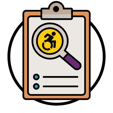 An assessment document with information. A disability icon inside a magnifying glass is on it.