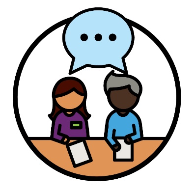 An NDIA worker talking to a participant. A speech bubble is above them.