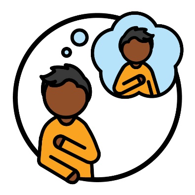 A person pointing to themself. An image of themself is in a thought bubble above them.