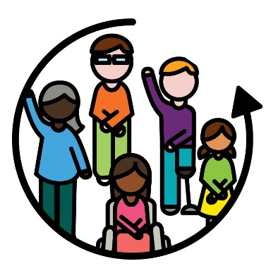 An arrow curving around a group of people.