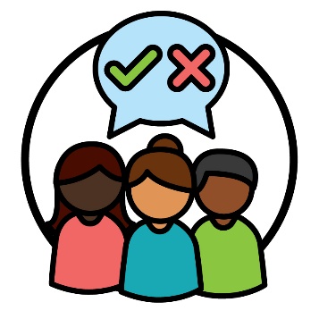 3 participants. Above them is a speech bubble that shows a tick and cross.