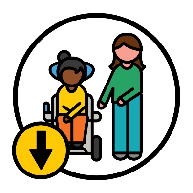 An arrow pointing down next to a person supporting someone.