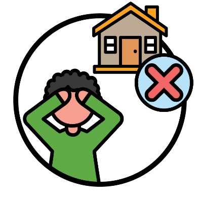 A person with their hands on their head looking worried. A house above a cross is next to them.