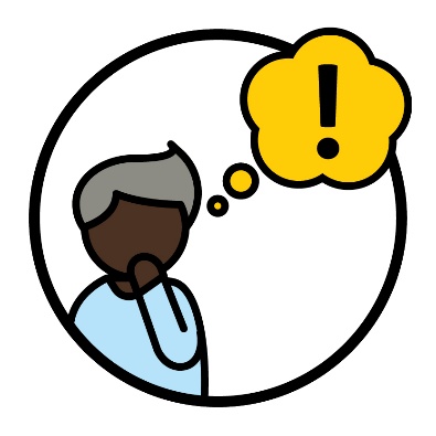 A person looking surprised. An exclamation mark inside a thought bubble is next to them.