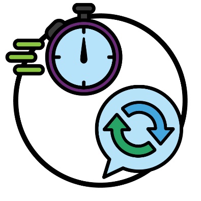 A stopwatch above a change icon in a speech bubble.