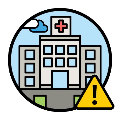 A hospital next to a problem icon.