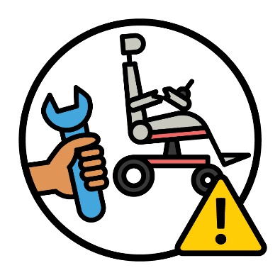 A person holding a tool next to a broken wheelchair. A problem icon is below them.
