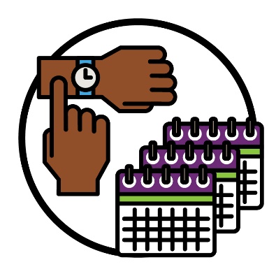 A person pointing to a watch on their wrist. 3 stacked calendars are next to it.