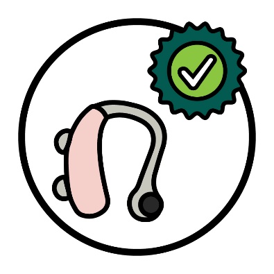 A hearing aid next to a good quality icon.