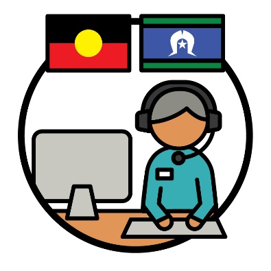 The Aboriginal flag and Torres Strait Islander flag above an NDIA worker on a computer.
