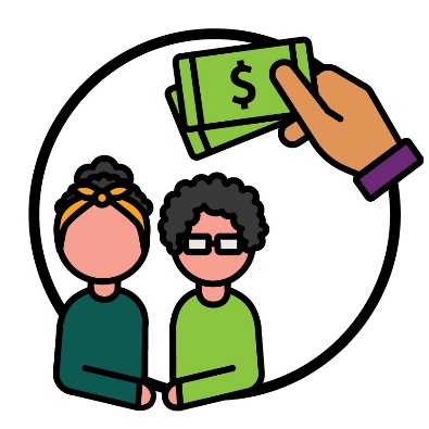 A hand holding money above 2 people.