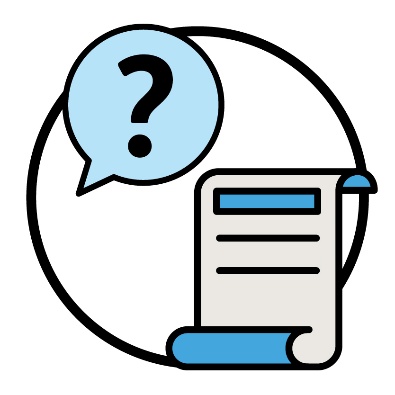 A question mark in a speech bubble next to a legal document.