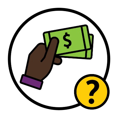 A hand holding money above a question mark.