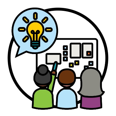 3 people looking at a board with information on it. A lightbulb inside a speech bubble is above them.