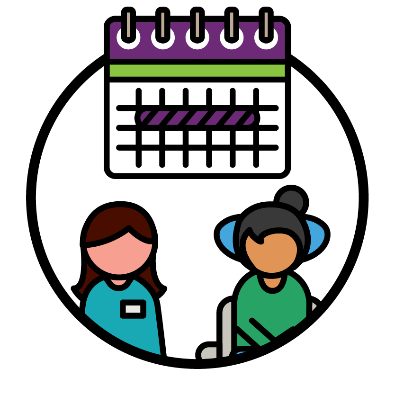 Someone supporting a person with disability. Above them is a calendar with a week highlighted. 