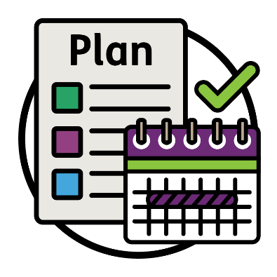 An NDIS plan next to a calendar with a week highlighted. Next to the calendar and plan is a tick.