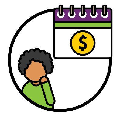 A person next to a calendar with a dollar sign on it.