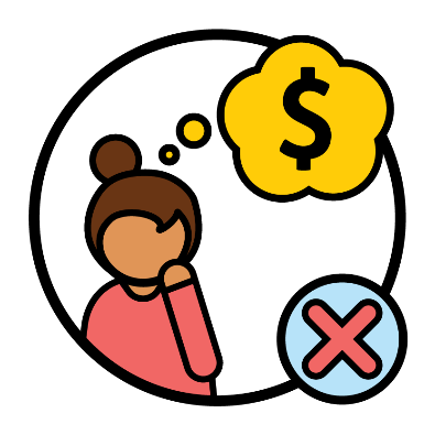 A person and a thought bubble with a dollar sign in it. Next to them is a cross.