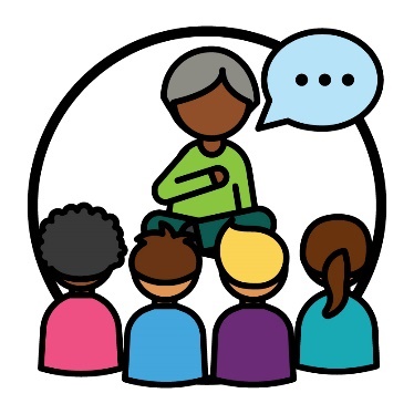 An Elder pointing to themself in front of a group of First Nations people. Above the Elder is a speech bubble.