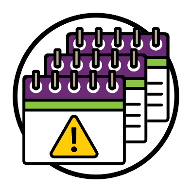 A stack of 3 calendars with an issue icon on it.