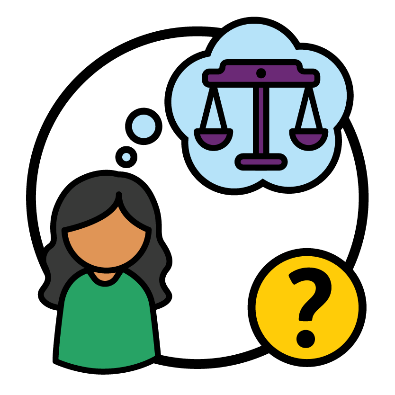 A person next to a question mark. Above them is a thought bubble with a balanced scale in it.