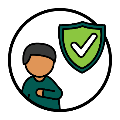 A person pointing to themself. Next to them is a shield with a tick to show safety.