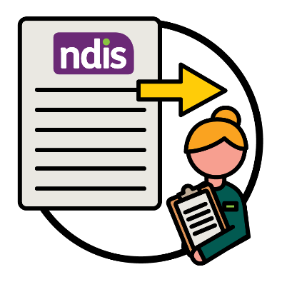 An NDIS document with an arrow pointing forward. Next to the document is a provider.