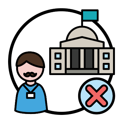 A provider in front of a government building next to a cross.