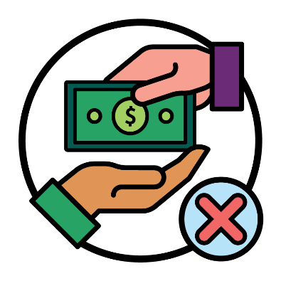 A hand passing another hand money. Next to the hands is a cross.