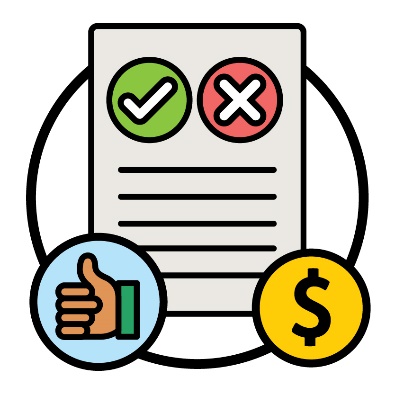 A document with a tick and cross on it. Next to the document is a thumbs up and dollar sign.