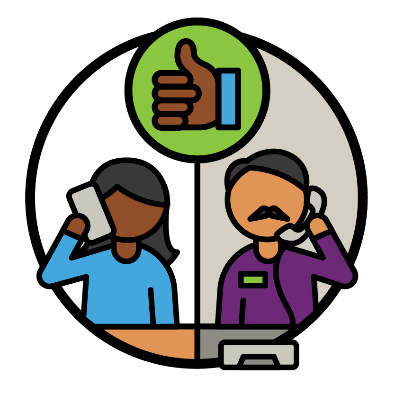 A person making a phone call next to an NDIA worker answering a call. Above them is a thumbs up.