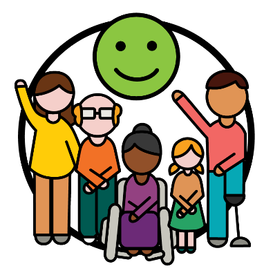 A group of participants and above them is a smiley face.