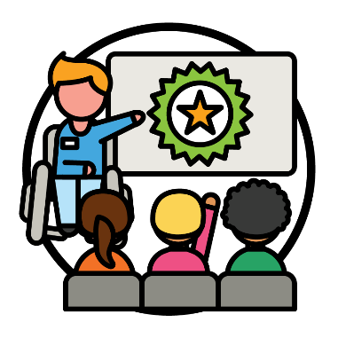 A person with disability teaching a group of people.