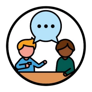 A person from CDAH next to a Reference Group member. Above them is a speech bubble.