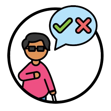A person with disability pointing to themself. Above them is a speech bubble with a tick and cross in it.